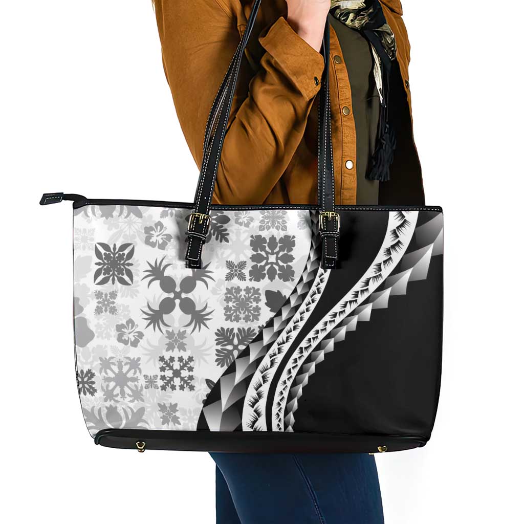 Black Hawaiian Quilt Pattern Leather Tote Bag Mixed Polynesian Tribal Arty