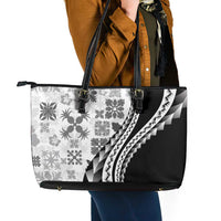 Black Hawaiian Quilt Pattern Leather Tote Bag Mixed Polynesian Tribal Arty