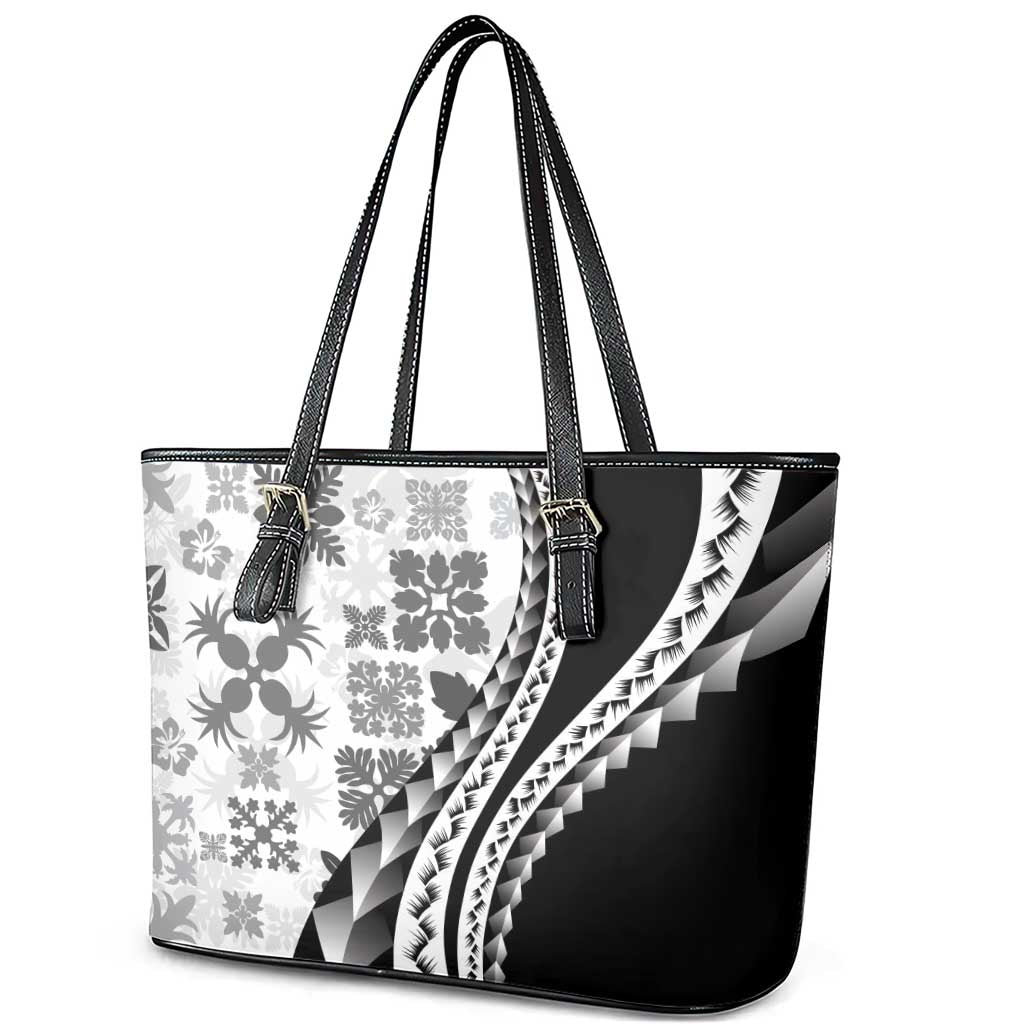 Black Hawaiian Quilt Pattern Leather Tote Bag Mixed Polynesian Tribal Arty