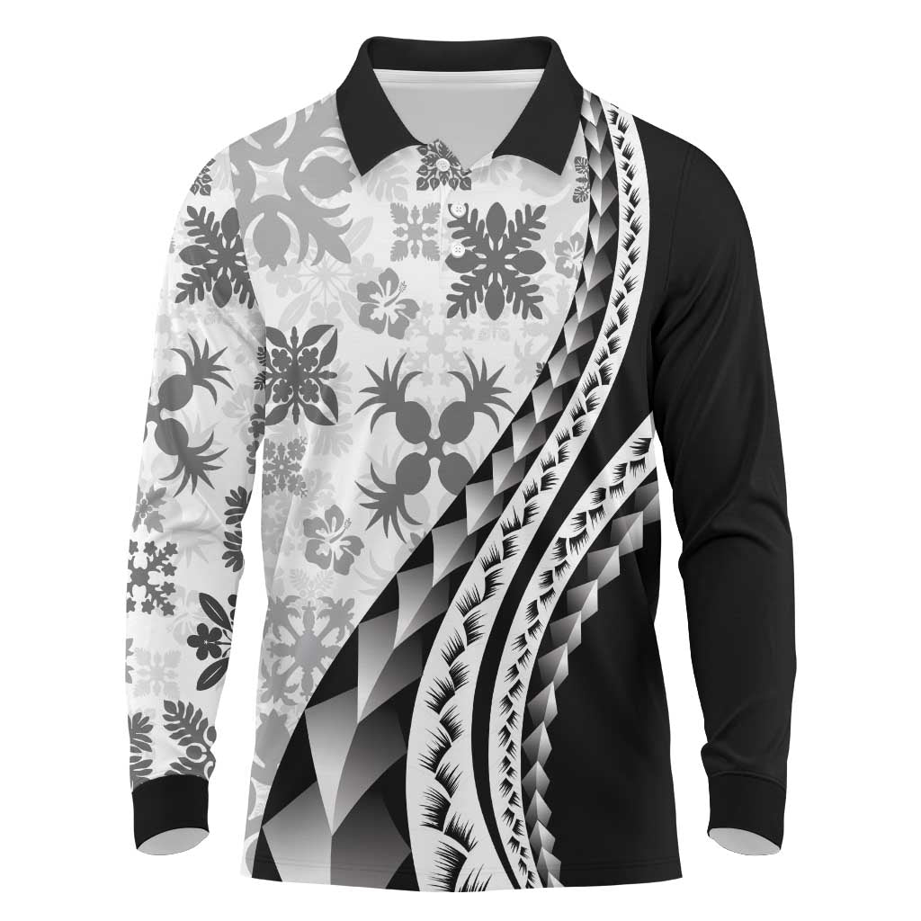 Black Hawaiian Quilt Pattern Long Sleeve Polo Shirt Mixed Polynesian Tribal Arty