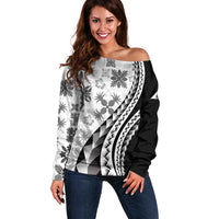 Black Hawaiian Quilt Pattern Off Shoulder Sweater Mixed Polynesian Tribal Arty