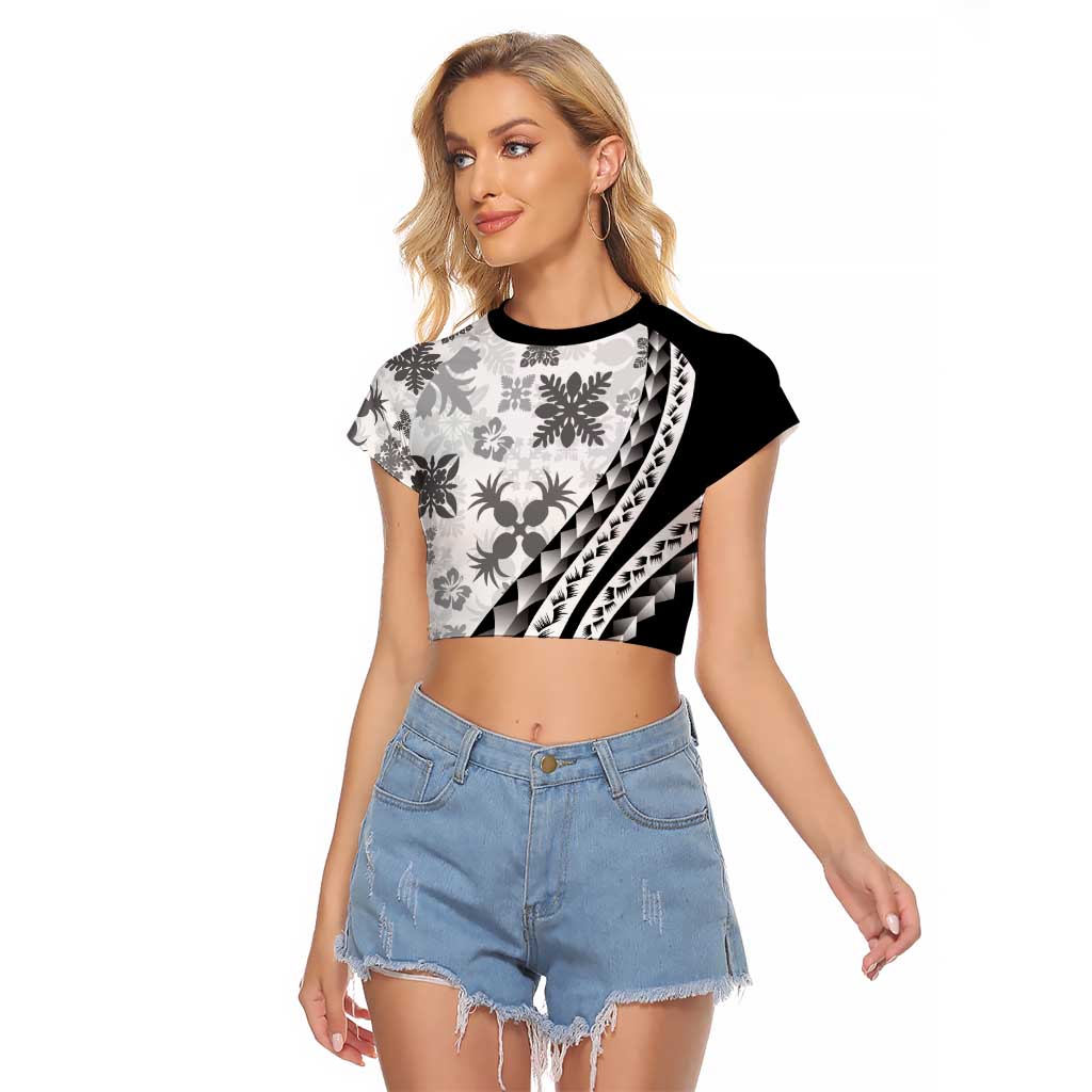 Black Hawaiian Quilt Pattern Raglan Cropped T Shirt Mixed Polynesian Tribal Arty