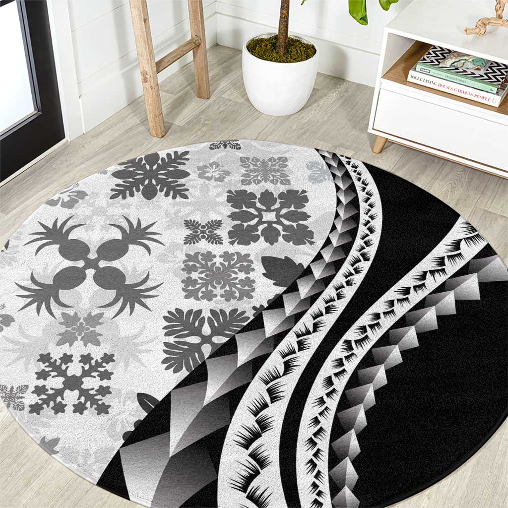 Black Hawaiian Quilt Pattern Round Carpet Mixed Polynesian Tribal Arty