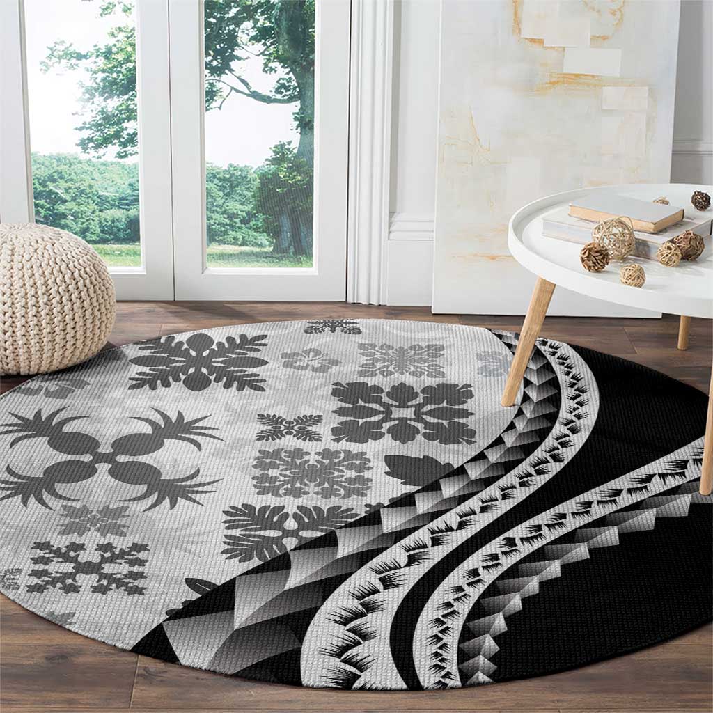 Black Hawaiian Quilt Pattern Round Carpet Mixed Polynesian Tribal Arty