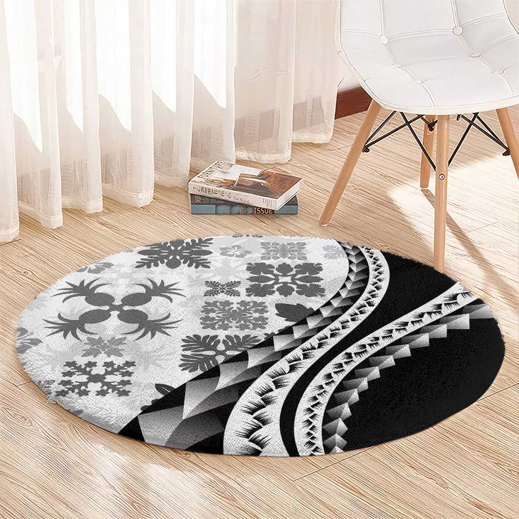 Black Hawaiian Quilt Pattern Round Carpet Mixed Polynesian Tribal Arty