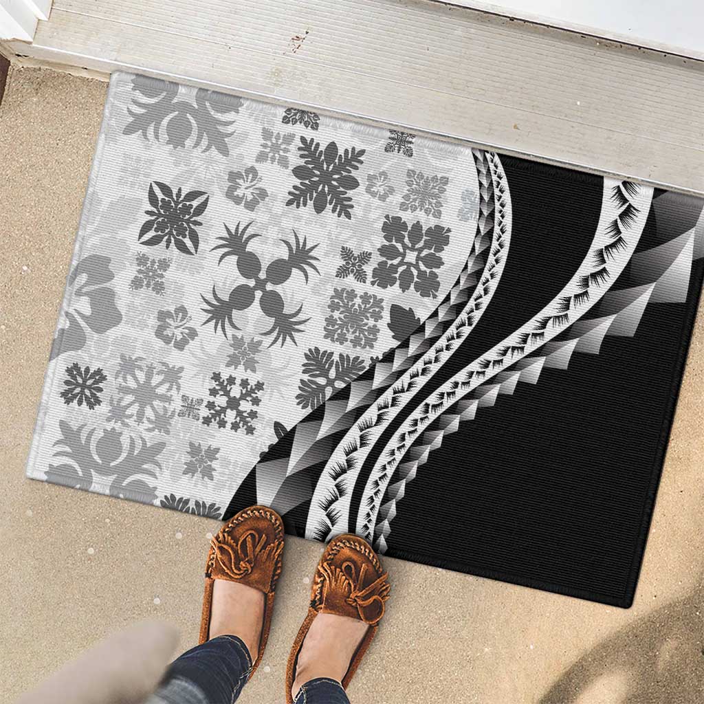 Black Hawaiian Quilt Pattern Rubber Doormat Mixed Polynesian Tribal Arty