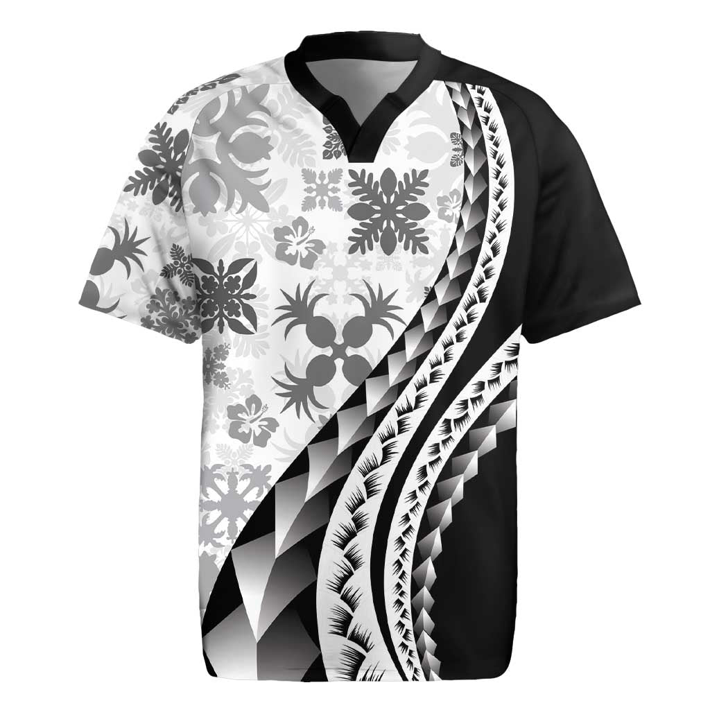 Black Hawaiian Quilt Pattern Rugby Jersey Mixed Polynesian Tribal Arty