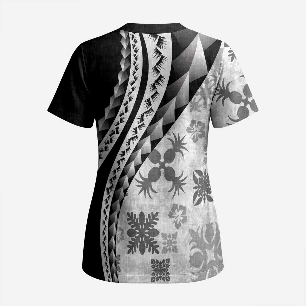 Black Hawaiian Quilt Pattern Scrub Top Mixed Polynesian Tribal Arty - Polynesian Pride