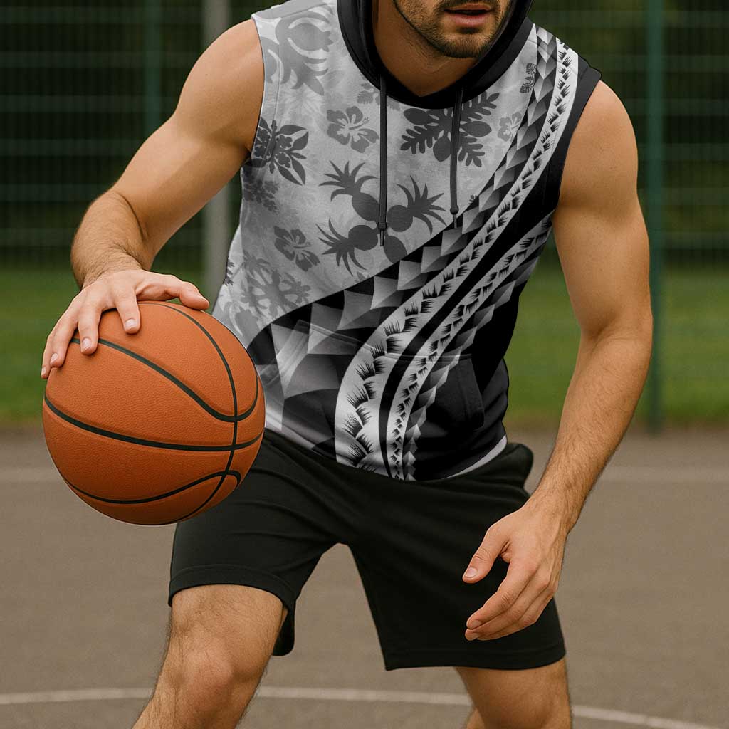 Black Hawaiian Quilt Pattern Sleeveless Hoodie Mixed Polynesian Tribal Arty - Polynesian Pride