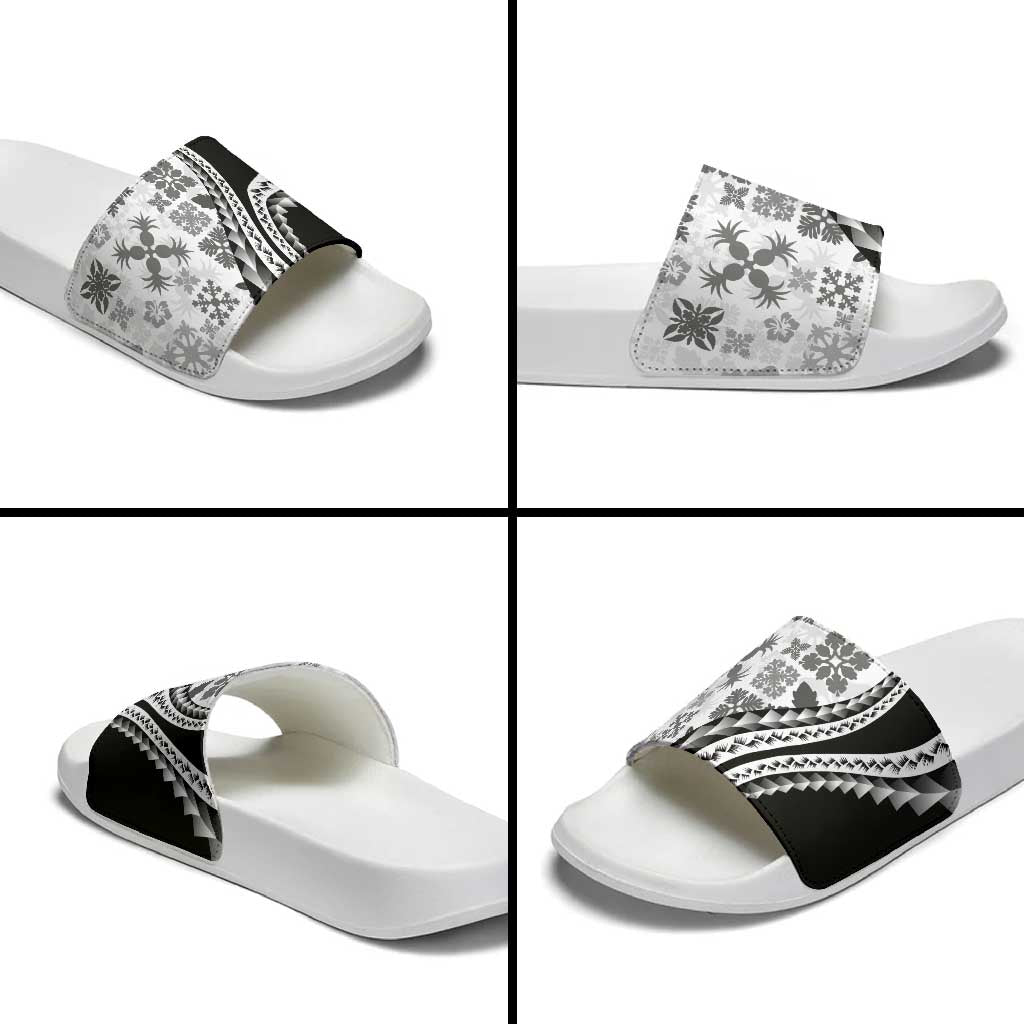 Black Hawaiian Quilt Pattern Slide Sandals Mixed Polynesian Tribal Arty - Polynesian Pride