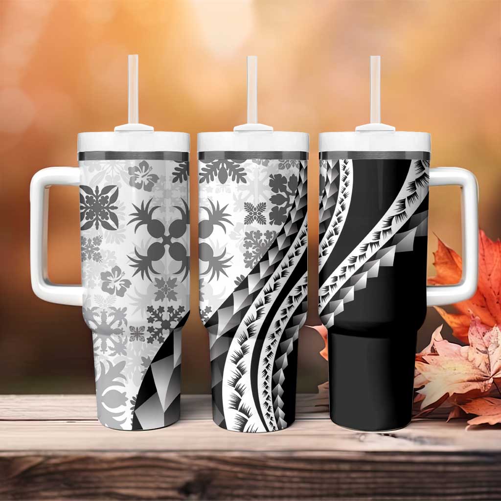 Black Hawaiian Quilt Pattern Tumbler With Handle Mixed Polynesian Tribal Arty
