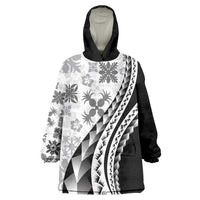 Black Hawaiian Quilt Pattern Wearable Blanket Hoodie Mixed Polynesian Tribal Arty