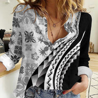 Black Hawaiian Quilt Pattern Women Casual Shirt Mixed Polynesian Tribal Arty