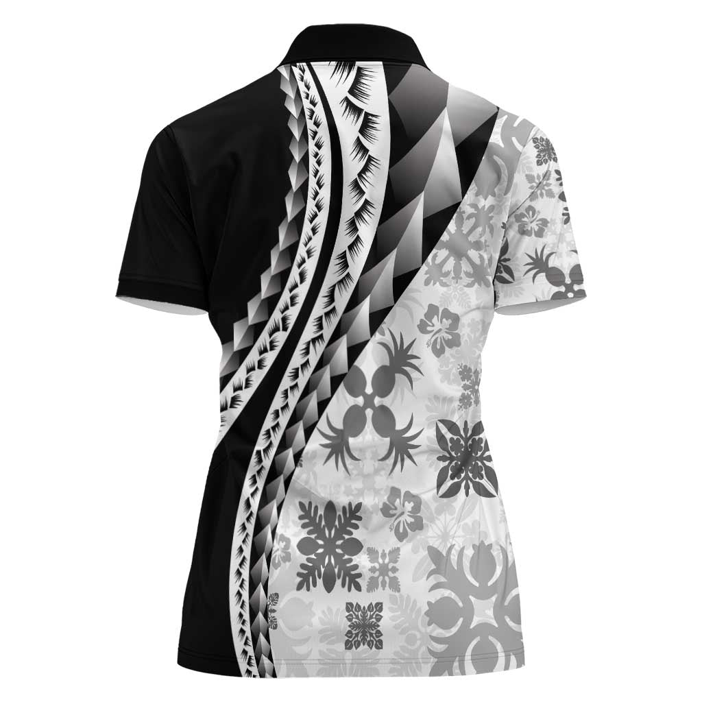 Black Hawaiian Quilt Pattern Women Polo Shirt Mixed Polynesian Tribal Arty