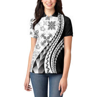 Black Hawaiian Quilt Pattern Women Polo Shirt Mixed Polynesian Tribal Arty