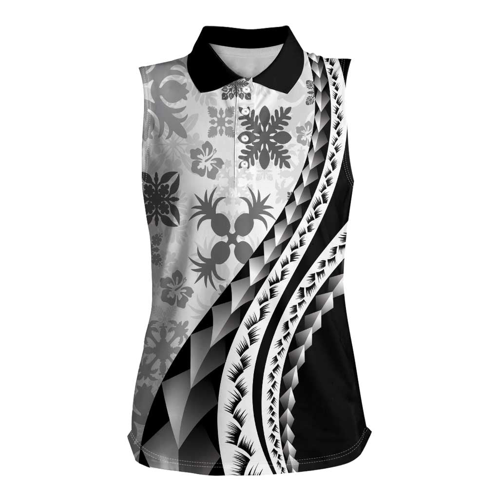 Black Hawaiian Quilt Pattern Women Sleeveless Polo Shirt Mixed Polynesian Tribal Arty