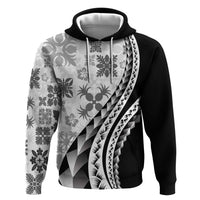 Black Hawaiian Quilt Pattern Zip Hoodie Mixed Polynesian Tribal Arty