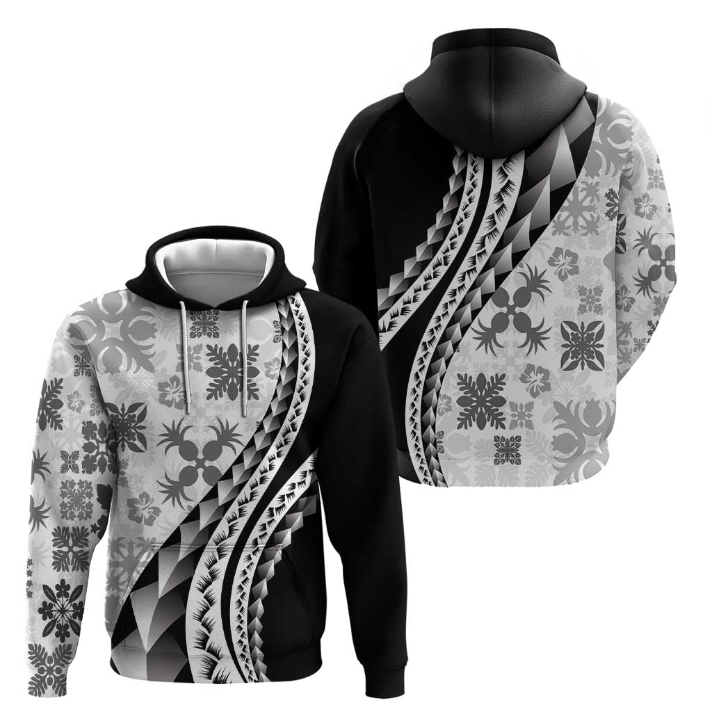 Black Hawaiian Quilt Pattern Zip Hoodie Mixed Polynesian Tribal Arty
