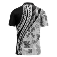 Black Hawaiian Quilt Pattern Zipper Polo Shirt Mixed Polynesian Tribal Arty - Polynesian Pride