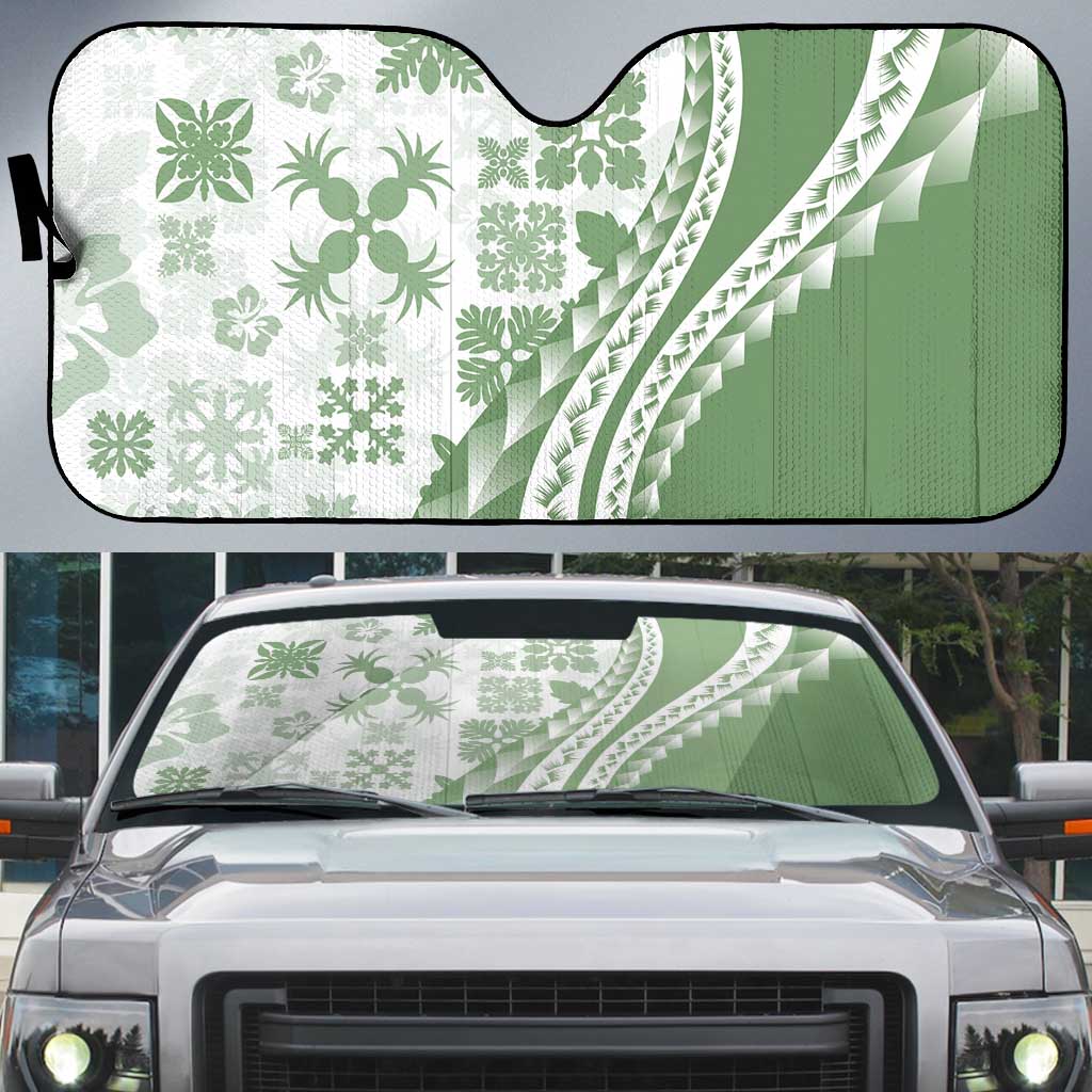 Green Hawaiian Quilt Pattern Auto Sun Shade Mixed Polynesian Tribal Arty - Polynesian Pride