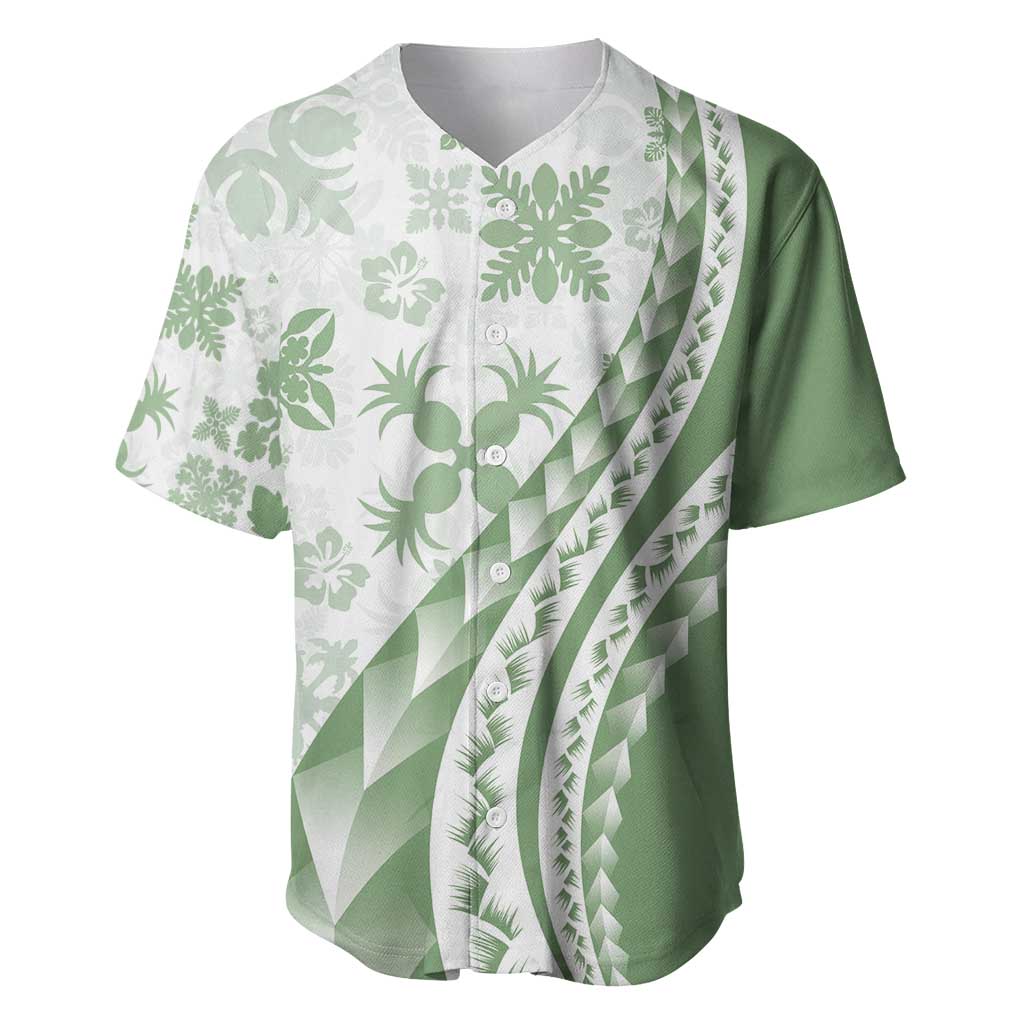 Green Hawaiian Quilt Pattern Baseball Jersey Mixed Polynesian Tribal Arty