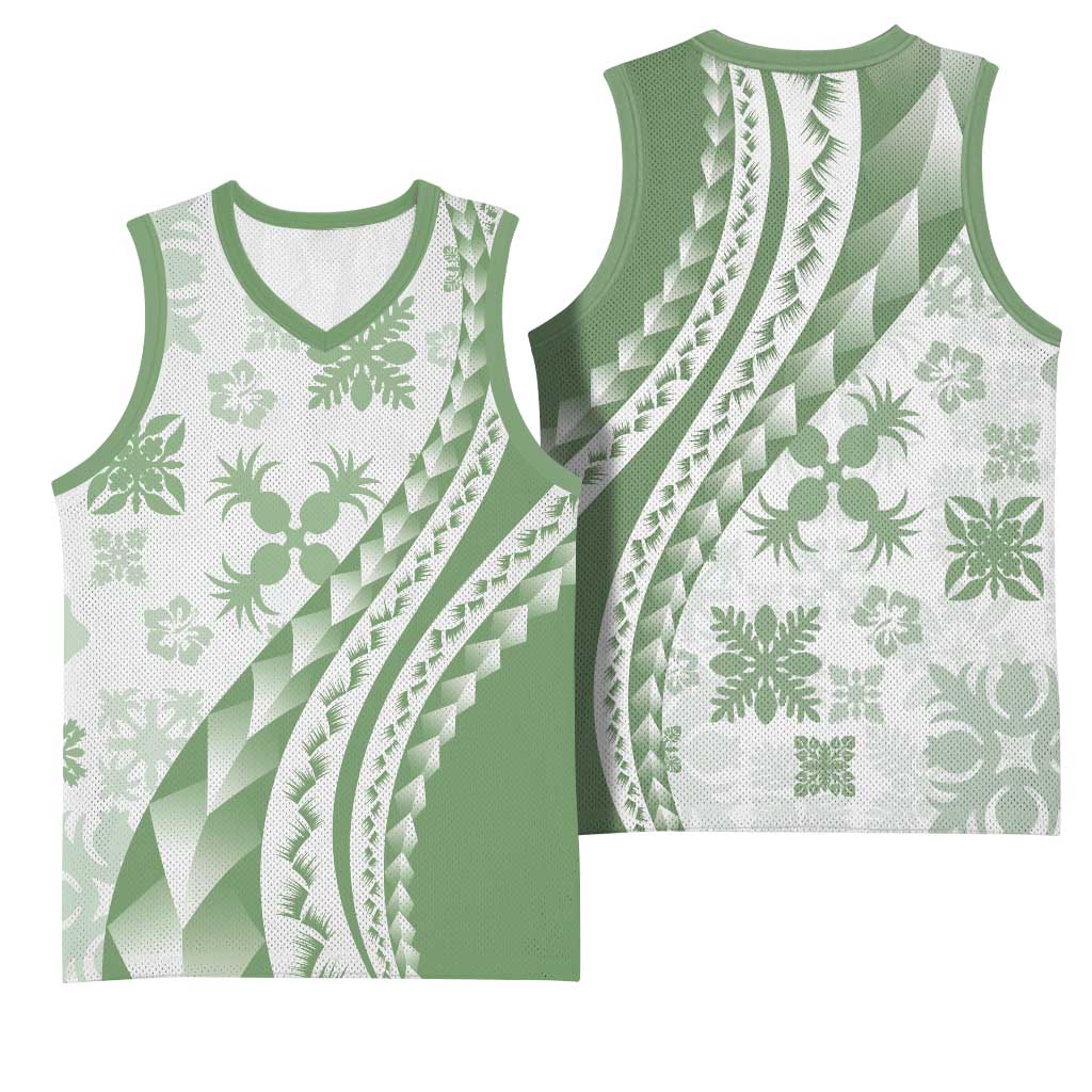 Green Hawaiian Quilt Pattern Basketball Jersey Mixed Polynesian Tribal Arty - Polynesian Pride