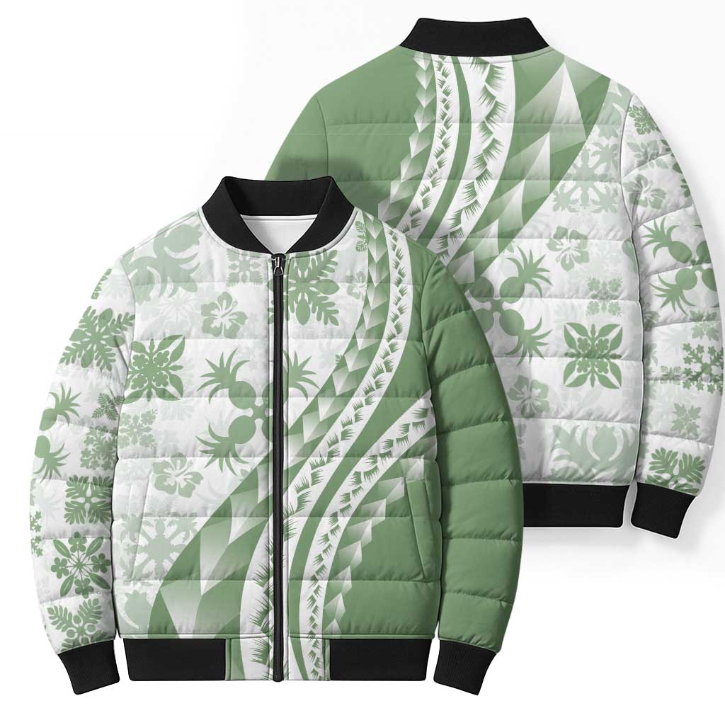 Green Hawaiian Quilt Pattern Bomber Puffer Jacket Mixed Polynesian Tribal Arty - Polynesian Pride