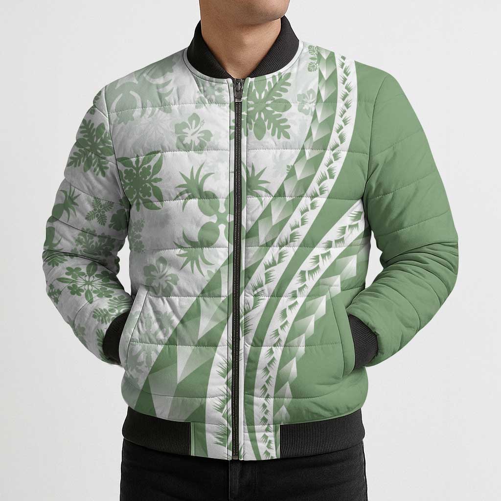 Green Hawaiian Quilt Pattern Bomber Puffer Jacket Mixed Polynesian Tribal Arty - Polynesian Pride
