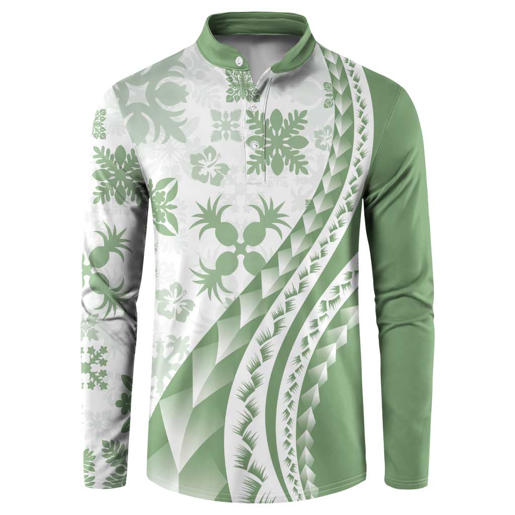 Green Hawaiian Quilt Pattern Button Sweatshirt Mixed Polynesian Tribal Arty