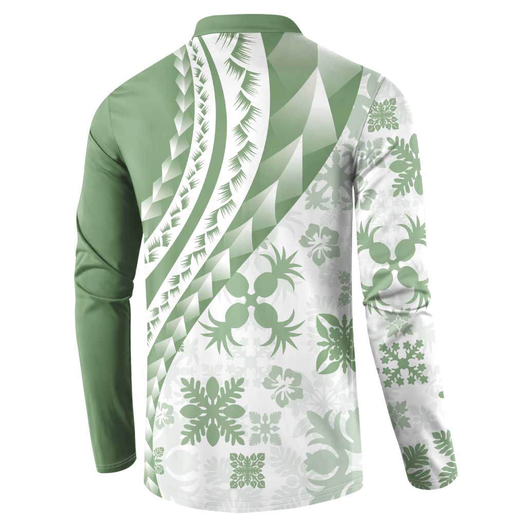 Green Hawaiian Quilt Pattern Button Sweatshirt Mixed Polynesian Tribal Arty