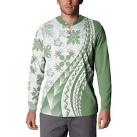 Green Hawaiian Quilt Pattern Button Sweatshirt Mixed Polynesian Tribal Arty
