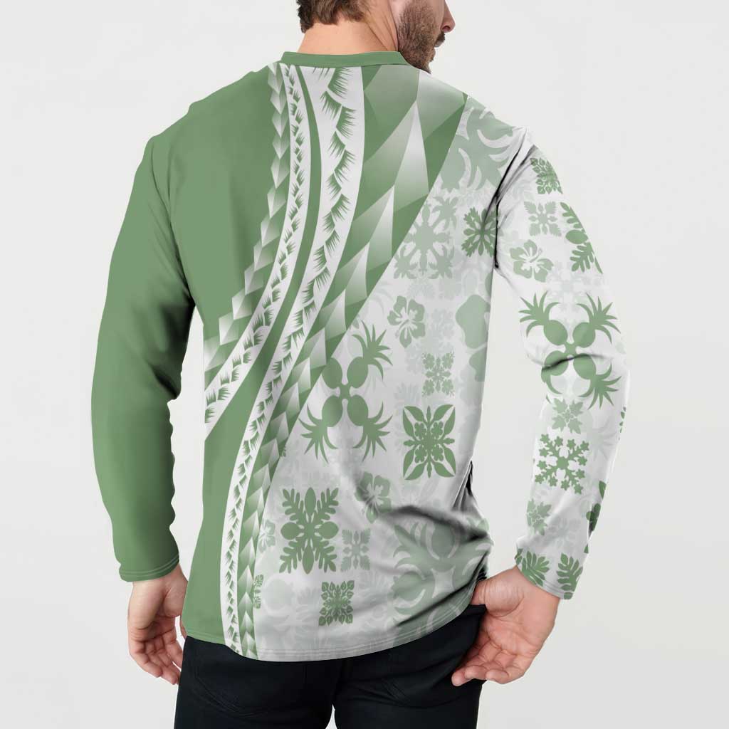Green Hawaiian Quilt Pattern Button Sweatshirt Mixed Polynesian Tribal Arty
