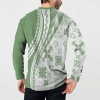 Green Hawaiian Quilt Pattern Button Sweatshirt Mixed Polynesian Tribal Arty