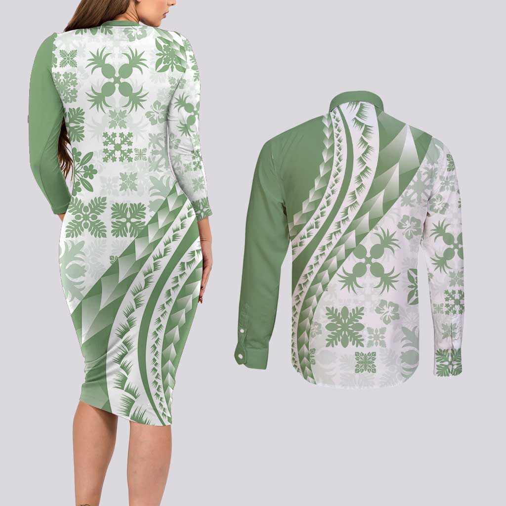 Green Hawaiian Quilt Pattern Couples Matching Long Sleeve Bodycon Dress and Long Sleeve Button Shirt Mixed Polynesian Tribal Arty