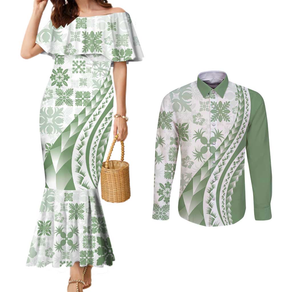Green Hawaiian Quilt Pattern Couples Matching Mermaid Dress and Long Sleeve Button Shirt Mixed Polynesian Tribal Arty