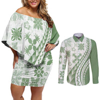 Green Hawaiian Quilt Pattern Couples Matching Off Shoulder Short Dress and Long Sleeve Button Shirt Mixed Polynesian Tribal Arty