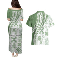 Green Hawaiian Quilt Pattern Couples Matching Puletasi and Hawaiian Shirt Mixed Polynesian Tribal Arty