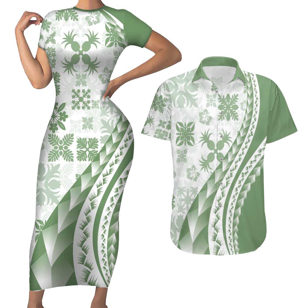 Green Hawaiian Quilt Pattern Couples Matching Short Sleeve Bodycon Dress and Hawaiian Shirt Mixed Polynesian Tribal Arty