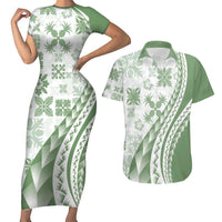 Green Hawaiian Quilt Pattern Couples Matching Short Sleeve Bodycon Dress and Hawaiian Shirt Mixed Polynesian Tribal Arty