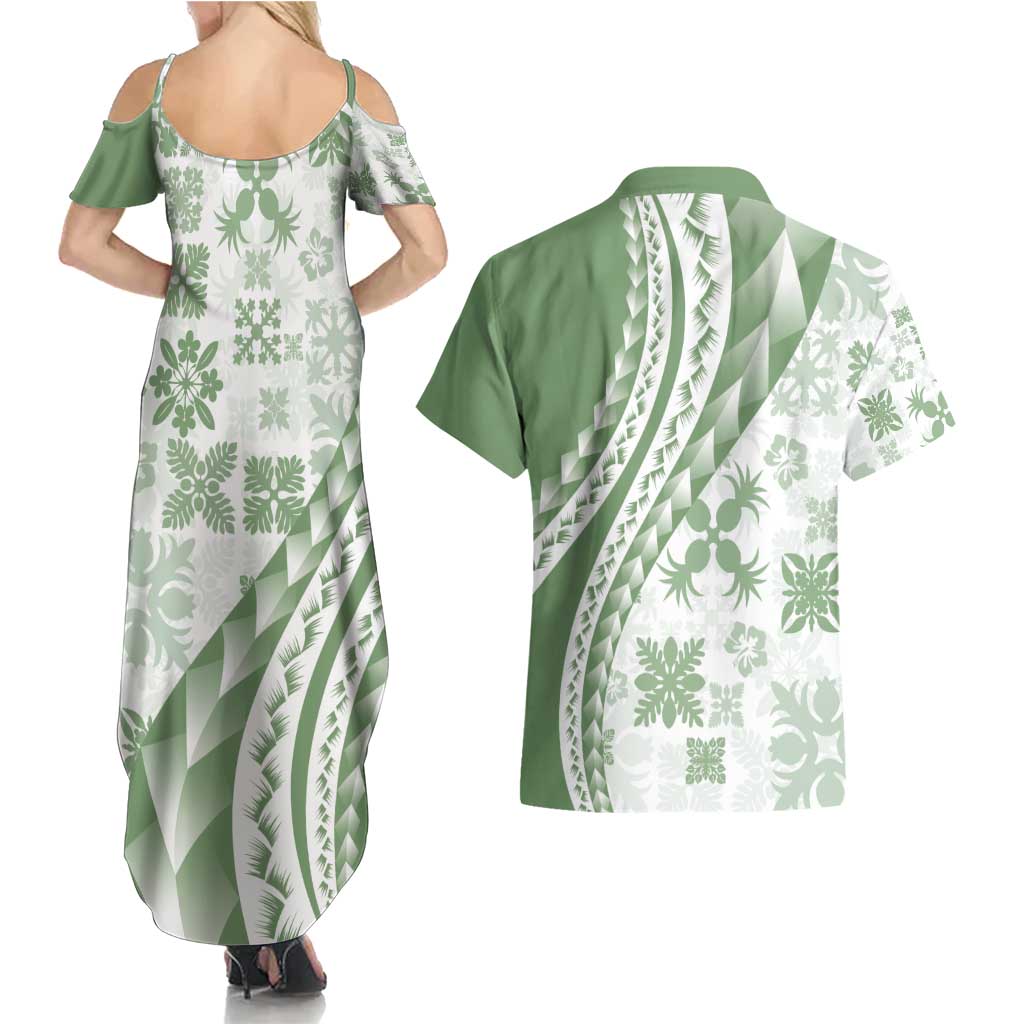 Green Hawaiian Quilt Pattern Couples Matching Summer Maxi Dress and Hawaiian Shirt Mixed Polynesian Tribal Arty