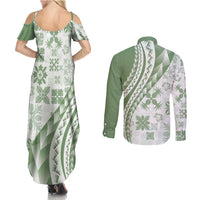 Green Hawaiian Quilt Pattern Couples Matching Summer Maxi Dress and Long Sleeve Button Shirt Mixed Polynesian Tribal Arty