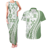 Green Hawaiian Quilt Pattern Couples Matching Tank Maxi Dress and Hawaiian Shirt Mixed Polynesian Tribal Arty