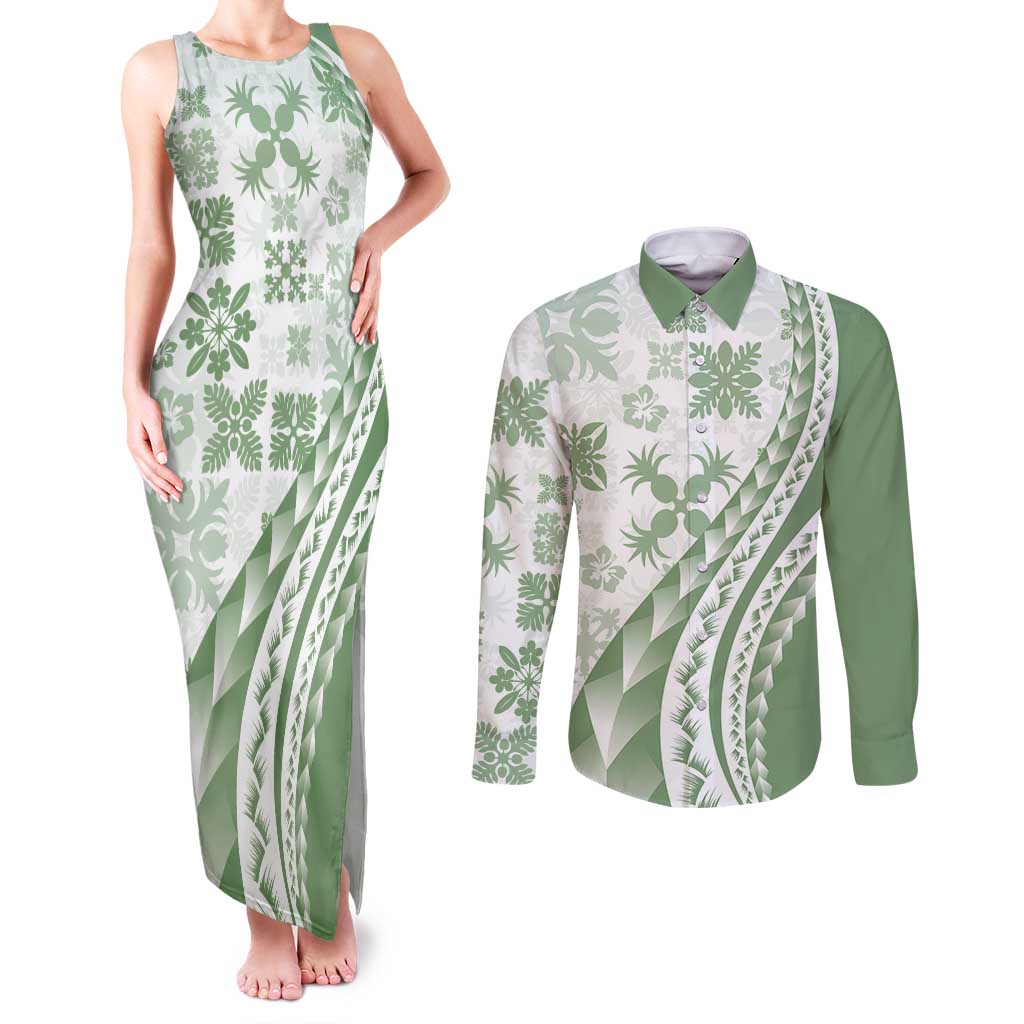 Green Hawaiian Quilt Pattern Couples Matching Tank Maxi Dress and Long Sleeve Button Shirt Mixed Polynesian Tribal Arty
