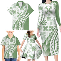 Green Hawaiian Quilt Pattern Family Matching Long Sleeve Bodycon Dress and Hawaiian Shirt Mixed Polynesian Tribal Arty