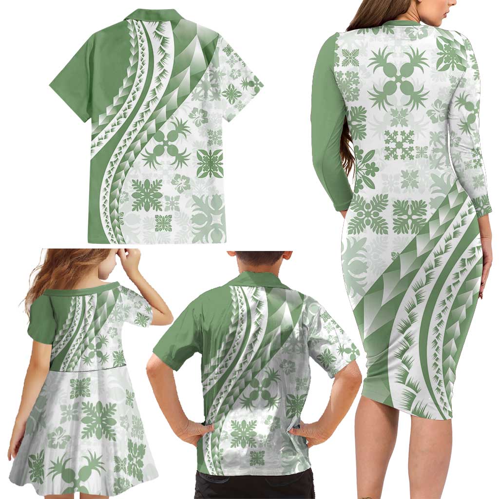 Green Hawaiian Quilt Pattern Family Matching Long Sleeve Bodycon Dress and Hawaiian Shirt Mixed Polynesian Tribal Arty