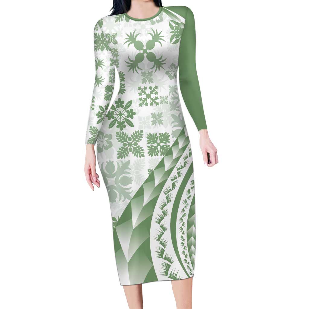 Green Hawaiian Quilt Pattern Family Matching Long Sleeve Bodycon Dress and Hawaiian Shirt Mixed Polynesian Tribal Arty