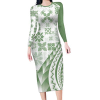 Green Hawaiian Quilt Pattern Family Matching Long Sleeve Bodycon Dress and Hawaiian Shirt Mixed Polynesian Tribal Arty