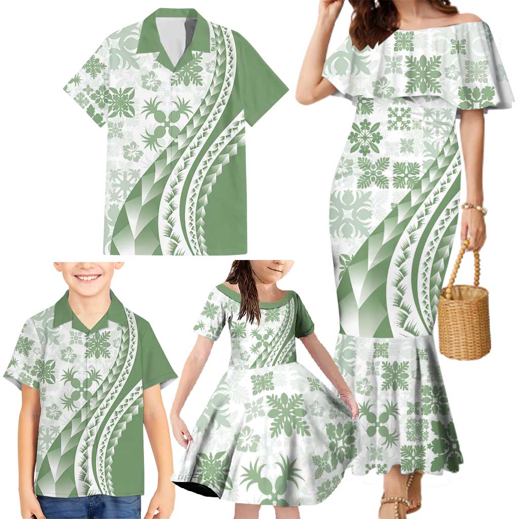 Green Hawaiian Quilt Pattern Family Matching Mermaid Dress and Hawaiian Shirt Mixed Polynesian Tribal Arty