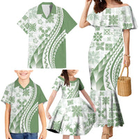 Green Hawaiian Quilt Pattern Family Matching Mermaid Dress and Hawaiian Shirt Mixed Polynesian Tribal Arty