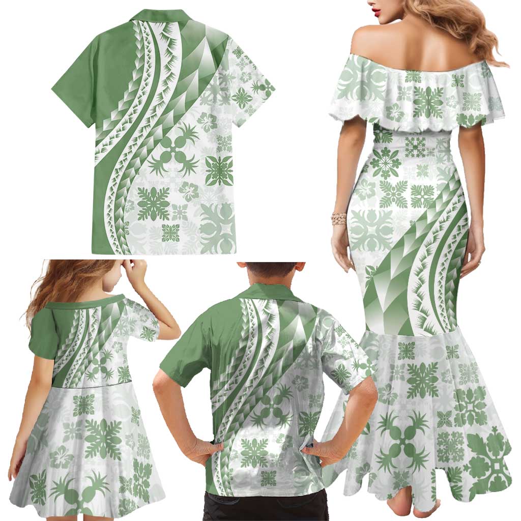 Green Hawaiian Quilt Pattern Family Matching Mermaid Dress and Hawaiian Shirt Mixed Polynesian Tribal Arty